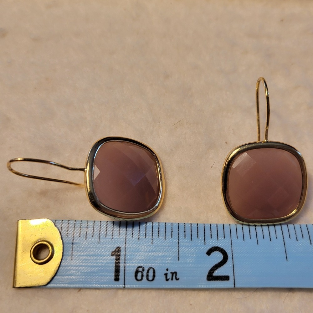 Faux Pink Rose‎ Quartz Gold Tone Pierced French Hook 1.25" Earrings - Picture 2 of 3